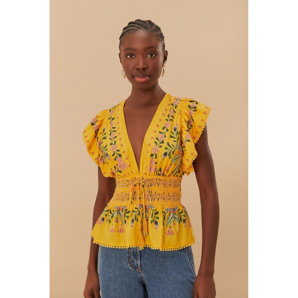 FARM Rio Yellow Delicate Flowers Flutter Sleeve Blouse Size S